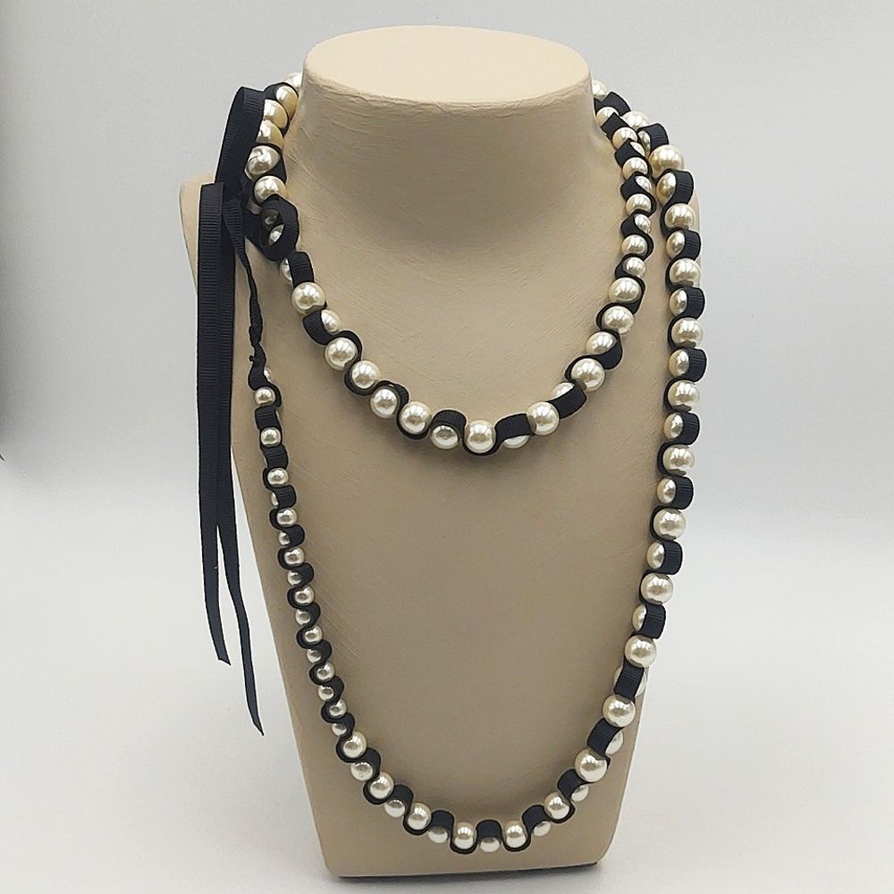 Graduated Faux Pearl & Black Ribbon Tie Necklace